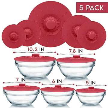 Silicone Bowl Lids Red, Set of 5 Reusable Suction Seal Covers for Bowls, Pots, Cups. Food Safe Natural grip, interlocking handles for easy use and storage.