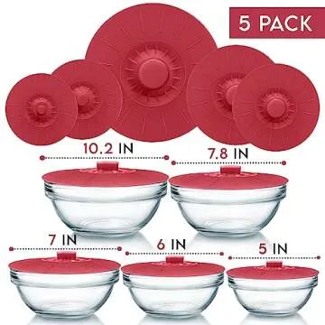 Silicone Bowl Lids Red, Set of 5 Reusable Suction Seal Covers for Bowls, Pots, Cups. Food Safe Natural grip, interlocking handles for easy use and storage.