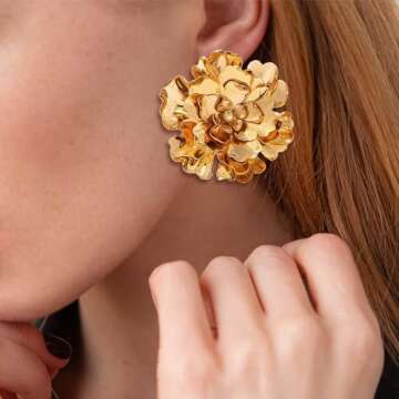 Gold Flower Earrings for Women Layered Bohemian Floral Statement Earrings Big Flower Stud Earring Jewelry