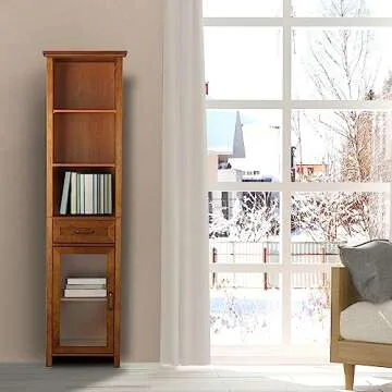 Teamson Home Avery Wooden Bathroom Linen Tower Cabinet with 1 Drawer 3 Adjustable Interior Shelves and 6 Storage Spaces, Oiled Oak