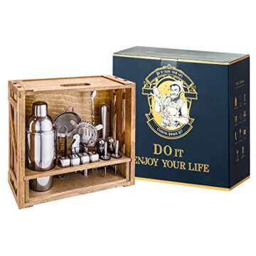 Oyydecor 18 Piece Cocktail Shaker Set with Rustic Pine Stand, Gifts for Men Dad Grandpa,Stainless St...