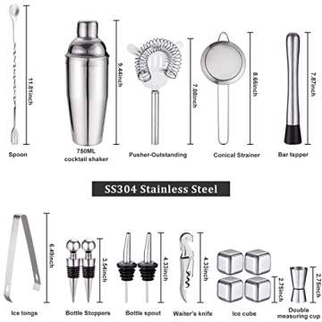 Oyydecor 18 Piece Cocktail Shaker Set with Rustic Pine Stand, Gifts for Men Dad Grandpa,Stainless Steel Bartender Kit Bar Tools Set, Home, Bars, Parties and Traveling (Silver)