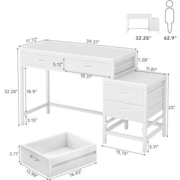 Tribesigns Computer Desk with 5 Drawers, Home Office Desks with Reversible Drawer Cabinet Printer Stand, Industrial PC Desk with Storage, White Study Writing Table Workstation for Small Spaces