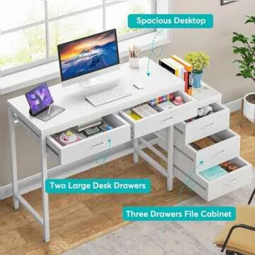 Tribesigns Computer Desk with 5 Drawers, Home Office Desks with Reversible Drawer Cabinet Printer Stand, Industrial PC Desk with Storage, White Study Writing Table Workstation for Small Spaces