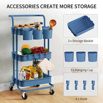 alvorog 3-Tier Rolling Utility Cart Storage Shelves Multifunction Storage Trolley Service Cart with Mesh Basket Handles and Wheels Easy Assembly for Bathroom, Kitchen, Office (Color Navy Blue)