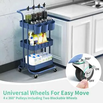 alvorog 3-Tier Rolling Utility Cart Storage Shelves Multifunction Storage Trolley Service Cart with Mesh Basket Handles and Wheels Easy Assembly for Bathroom, Kitchen, Office (Color Navy Blue)