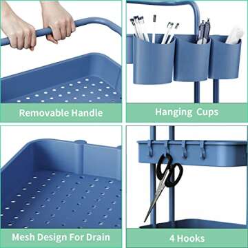 alvorog 3-Tier Rolling Utility Cart Storage Shelves Multifunction Storage Trolley Service Cart with Mesh Basket Handles and Wheels Easy Assembly for Bathroom, Kitchen, Office (Color Navy Blue)