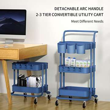 alvorog 3-Tier Rolling Utility Cart Storage Shelves Multifunction Storage Trolley Service Cart with Mesh Basket Handles and Wheels Easy Assembly for Bathroom, Kitchen, Office (Color Navy Blue)