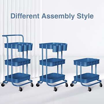 alvorog 3-Tier Rolling Utility Cart Storage Shelves Multifunction Storage Trolley Service Cart with Mesh Basket Handles and Wheels Easy Assembly for Bathroom, Kitchen, Office (Color Navy Blue)