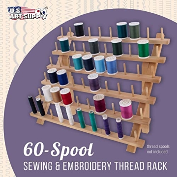 US Art Supply Beechwood 60-Spool Thread Rack for Crafters