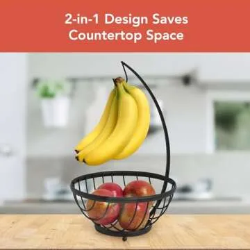 Spectrum Ashley Fruit Basket for Kitchen Counter with Banana Tree Hanger - Open Wire Vegetable & Fruit Bowl & Banana Hook Holder - Produce Storage Stand