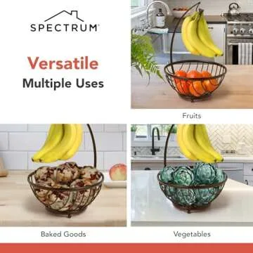 Spectrum Ashley Fruit Basket for Kitchen Counter with Banana Tree Hanger - Open Wire Vegetable & Fruit Bowl & Banana Hook Holder - Produce Storage Stand