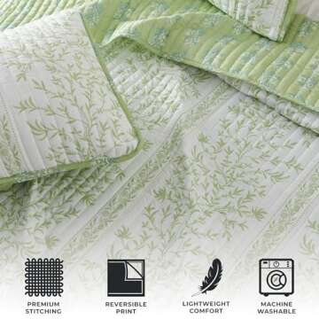 Great Bay Home Floral Full/Queen Quilt Set with Shams, Green Floral Bedding Set, All-Season, Lightweight Bedspread. Reversible, Farmhouse Bedding. (Full/Queen, Flora)