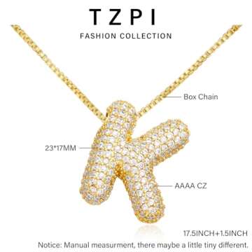 TZPI 18K Bubble Letter Necklace Gold for Women, Initial Necklaces for Her Rhinestone Chunky Bubble Letter Charm Puff Name Pendant Alphabet Necklaces Non Tarnish Gold Jewelry