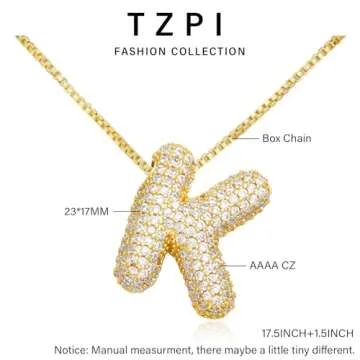 TZPI 18K Bubble Letter Necklace Gold for Women, Initial Necklaces for Her Rhinestone Chunky Bubble Letter Charm Puff Name Pendant Alphabet Necklaces Non Tarnish Gold Jewelry