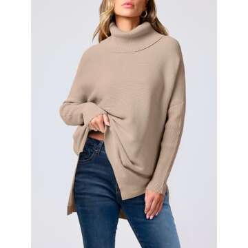 ANRABESS Women's Oversized Turtleneck Batwing Sleeve Spilt Casual Loose Knit Tunic Pullover Sweater Tops 2024 Fall Outfits Khaki Small