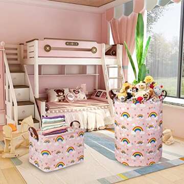 NTAOHAMPER Rectangular Pink Rainbow Basket,Collapsible Girls Toys Storage Bin,Cute Rainbow Baskets w...