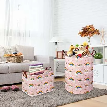 NTAOHAMPER Rectangular Pink Rainbow Basket,Collapsible Girls Toys Storage Bin,Cute Rainbow Baskets with Handles for Baby Room,Gift Basket(Rainbow)