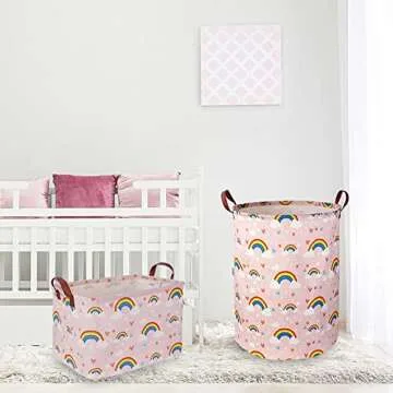 NTAOHAMPER Rectangular Pink Rainbow Basket,Collapsible Girls Toys Storage Bin,Cute Rainbow Baskets with Handles for Baby Room,Gift Basket(Rainbow)