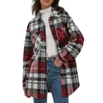 CHYRII Women's Casual Brushed Flannel Plaid Shacket Button Down Long Sleeve Shirt Jacket Coats with ...