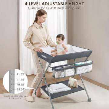 Baby Changing Table with Wheels, Maydolly Portable Adjustable Height Folding Diaper Station with Nursery Organizer & Storage Rack for Newborn Baby and Infant (Dark Grey)