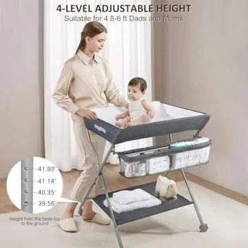 Baby Changing Table with Wheels, Maydolly Portable Adjustable Height Folding Diaper Station with Nursery Organizer & Storage Rack for Newborn Baby and Infant (Dark Grey)