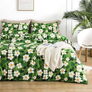 YuHeGuoJi Green Botanical Duvet Cover Queen 100% Cotton Sage Cute Floral Duvet Cover 3 Pcs Set 1 Wat...