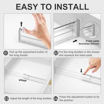 HiYZ Adjustable Drawer Dividers - Expandable 12.6''-22.8'' Kitchen Drawer Organizers Separators for Utensils, Tools, Clothing, Socks, Dresser, Easy Assemble, Secure Fit - 5 Long Dividers