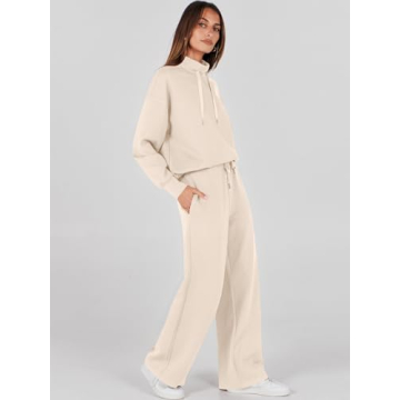 ANRABESS Womens 2 Piece Outfits Sweatsuit Set 2024 Fall Drawstring Sweatshirt Wide Leg Sweatpant Lounge Set Tracksuit Apricot X-Large