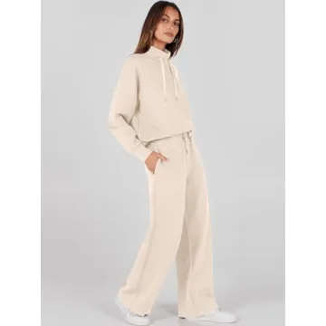 ANRABESS Womens 2 Piece Outfits Sweatsuit Set 2024 Fall Drawstring Sweatshirt Wide Leg Sweatpant Lounge Set Tracksuit Apricot X-Large