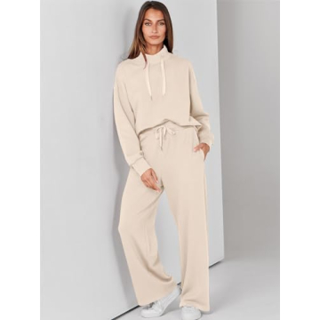 ANRABESS Womens 2 Piece Outfits Sweatsuit Set 2024 Fall Drawstring Sweatshirt Wide Leg Sweatpant Lounge Set Tracksuit Apricot X-Large