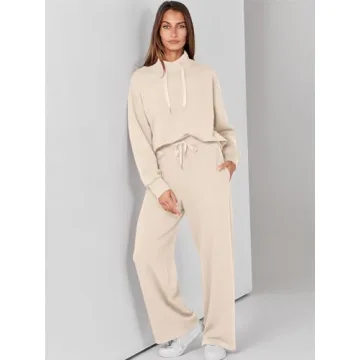 ANRABESS Womens 2 Piece Outfits Sweatsuit Set 2024 Fall Drawstring Sweatshirt Wide Leg Sweatpant Lounge Set Tracksuit Apricot X-Large