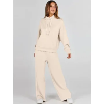 ANRABESS Womens 2 Piece Outfits Sweatsuit Set 2024 Fall Drawstring Sweatshirt Wide Leg Sweatpant Lounge Set Tracksuit Apricot X-Large