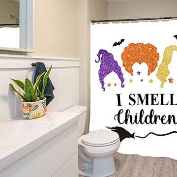 SHENGJUN 72x72 Halloween Shower Curtains for Kids Hallowmas Bath Bathroom Decors I Smell Children Bats Glitter Sanderson Sisters Home Fabric Waterproof Shower Curtain Set with 12 Hooks
