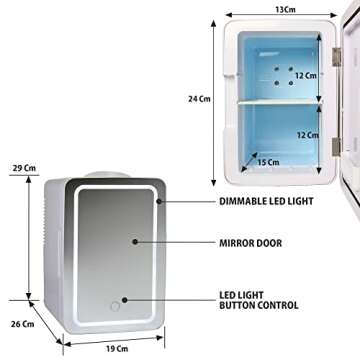 Koolatron Cosmetics Fridge w/Lighted Makeup Mirror, 6L Portable Skincare Refrigerator w/LED Ring Light, 12 Volt DC and 110 Volt AC Cords, Beauty Serum, Face Mask, Home, Travel, Hotel, Dorm, Office