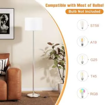 Ambimall 60'' Modern Floor Lamp with Shade, Tall Lamps for Living Room, Bedroom, Office, Dining Room, White Shade with Silver Pole(Without Bulb)