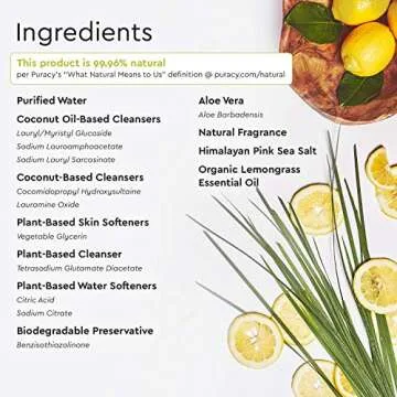 Puracy Dish Soap, Organic Lemongrass, Hypoallergenic Non-Drying Natural Liquid Detergent for Hand Washing Dishes, 16 Fl Oz (6-pack)