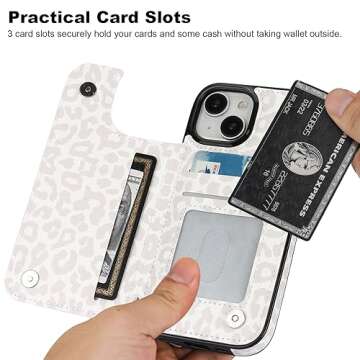 HAOPINSH for iPhone 15 Wallet Case with Card Holder, Floral Flower Pattern Back Flip Folio PU Leather Kickstand Card Slots Case for Women Girls, Double Magnetic Clasp Cover 6.1" (White Leopard)