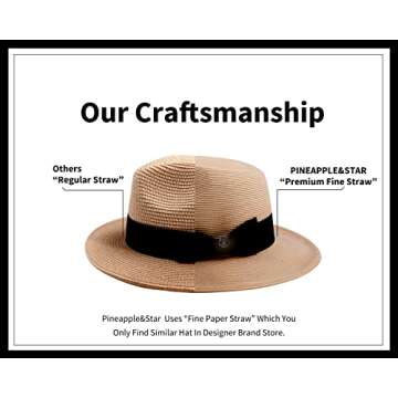 Pineapple&Star Sun Straw Fedora Beach Hat Fine Braid UPF50+ for Unisex (Medium, Brown_BowBK)