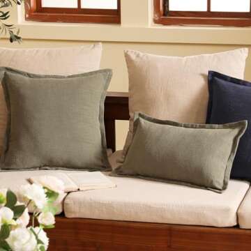 patdrea Green Shabby Chic Decorative Throw Pillow Covers 22x22 Set of 2, Farmhouse Linen Pillow Covers with Folded Edge, Square Sturdy Throw Pillow Case for Sofa, Bed and Living Room