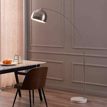 Teamson Home Arquer 68.1" Arc Floor Lamp for Living Rooms, Home Offices, Dining Rooms, Bedrooms with Faux White Marble Base and Nickel Bell Shade