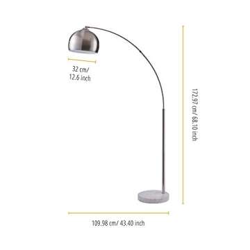 Teamson Home Arquer 68.1" Arc Floor Lamp for Living Rooms, Home Offices, Dining Rooms, Bedrooms with Faux White Marble Base and Nickel Bell Shade