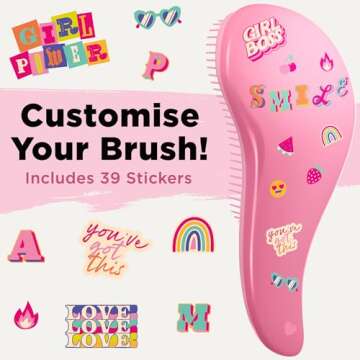 Lily England Detangler Brush for Curly Hair, Thick, Straight & Natural Hair - Trendy Gift for Teens, Kids & Toddlers with Stickers - Hairbrush for Wet & Dry Hair, Pink