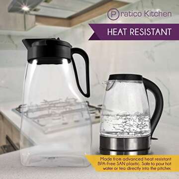 Pratico Kitchen LargePour Water, Juice, and Beverage Airtight Pitcher, Made in Japan, 3.2 qt, 102 oz, Black