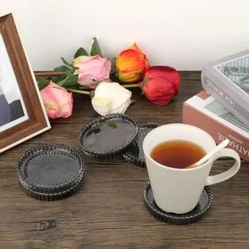 JUXYES 5 Pack Crystal Black Coasters Round Cup Mat, Glass Coasters for Drinks Coffee Tea Wine, Decorative Wine Bottle Coaster, Crystal Drink Coaster for Restaurant bar Kitchen Dining Table