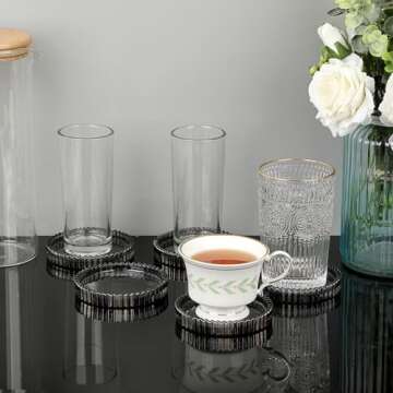 JUXYES 5 Pack Crystal Black Coasters Round Cup Mat, Glass Coasters for Drinks Coffee Tea Wine, Decorative Wine Bottle Coaster, Crystal Drink Coaster for Restaurant bar Kitchen Dining Table