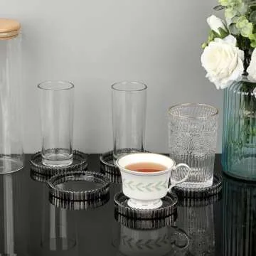 JUXYES 5 Pack Crystal Black Coasters Round Cup Mat, Glass Coasters for Drinks Coffee Tea Wine, Decorative Wine Bottle Coaster, Crystal Drink Coaster for Restaurant bar Kitchen Dining Table