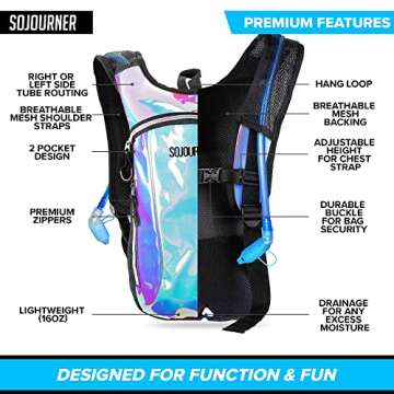 Sojourner Rave Hydration Pack Backpack (2 Pocket Holographic Blue) Bundle with Holographic Rave Fanny Pack (Luminous Pink & Blue)