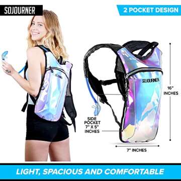 Sojourner Rave Hydration Pack Backpack (2 Pocket Holographic Blue) Bundle with Holographic Rave Fanny Pack (Luminous Pink & Blue)