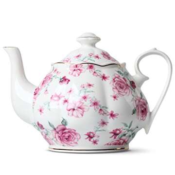 BTaT- Floral Porcelain Teapot, 38 oz and Floral Tea Cups and Saucers, Set of 4 (7oz) with Gold Trim ...